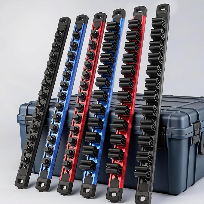 Reniteco 6-Piece Magnetic Socket Organizer and Screwdriver Organizer Set | 3-Piece 1/4", 3/8" & 1/2" Drive Socket Rails, 3-Piece Wrench Screwdriver Holder, Interchangeable Clips, Aluminum Alloy Rail