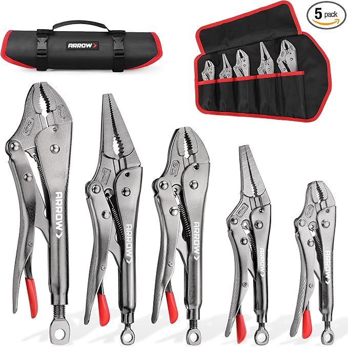 ARROW 5-piece Locking Pliers Set with Rolling Pouch, Chromium-Molybdenum Vice Grips, 5"/7"/10" Curved Jaw, 6.5"/9" Long Nose Vise Grip Pliers