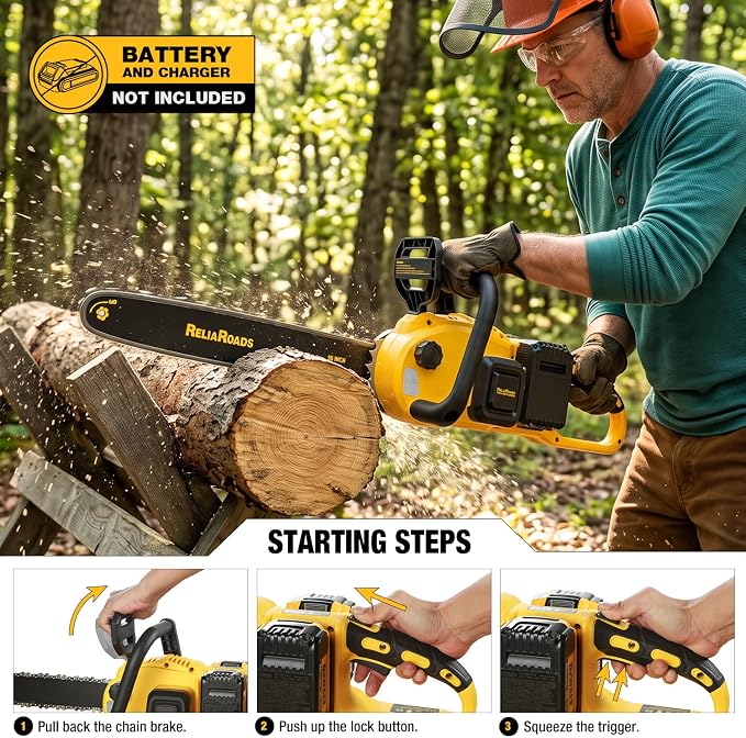 ReliaRoads 16-Inch Brushless Chainsaw, 40V (2 x 20V MAX) Cordless Battery Powered Chain Saw Kit (Includes 2 Chains) Compatible DeWALT Battery for Wood/Tree Cutting and Pruning (Battery Not Included)