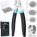 SHALL Bent Hog Ring Pliers Kit with 600pcs Galvanized Hog Rings (3/8’’, 1/2’’, 3/4’’) for Upholstery, Fence, Animal Pet Cages, Bungee Cords, Bagging, Protective Gloves, Storage Case & Bag Included