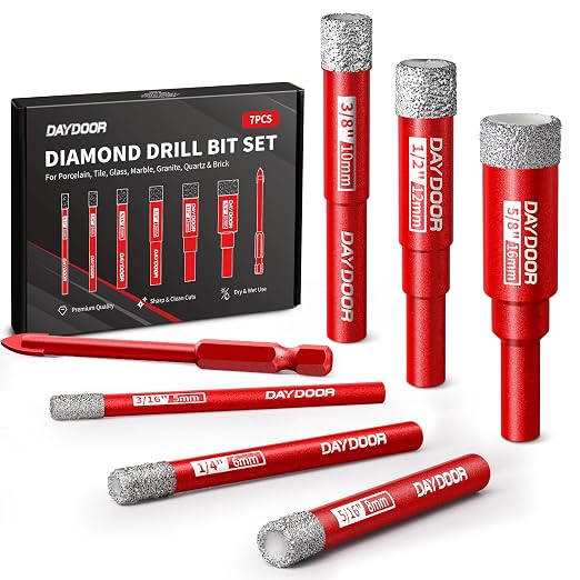 DAYDOOR Dry Diamond Drill Bits Set, 3/16" 1/4" 5/16" 3/8" 1/2" 5/8" Diamond Hole Saw Kit for Porcelain Tile Ceramic Glass Marble Granite, Tile Drill Bits with Cooling Wax, Round Shank (7-Piece)