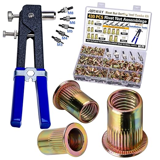 Pressure Rivet Nut Tool Kit, 430Pcs Metric Rivet Nut Combination (M8/M6/M5/M4/M3), Suitable for Furniture, Decoration, Automotive, Marine and Industrial Applications
