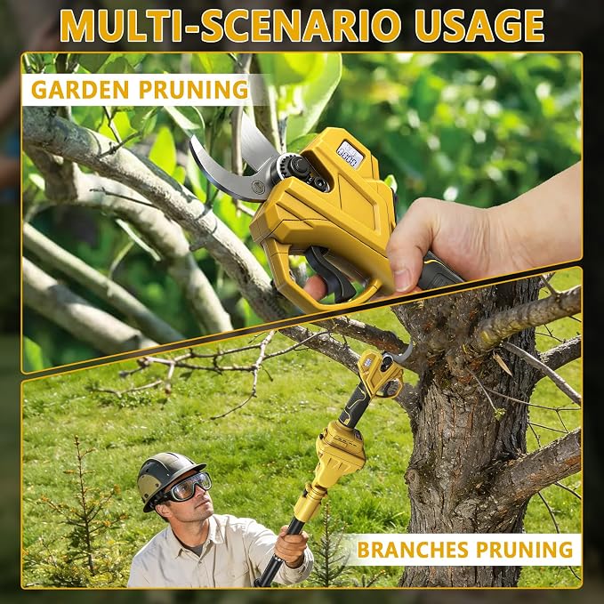 Cordless Pruning Shears Compatible with Dewalt 20V, Electric Pruning Shears with Extension Pole up to 4.57m Range, LCD Display 35 mm Battery Pruning Shears & Loppers for Garden (No Battery)