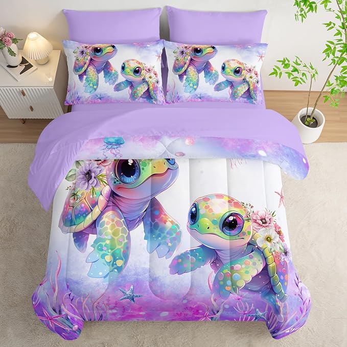 Sea Turtle Bedding Queen Comforter Set 7 Piece,Coastal Beach Themed Bed Set for Kids Girls Room Decor,Cute Bedding with 1 Comforter,1 Flat Sheet,1 Fitted Sheet,4 Pillowcases.