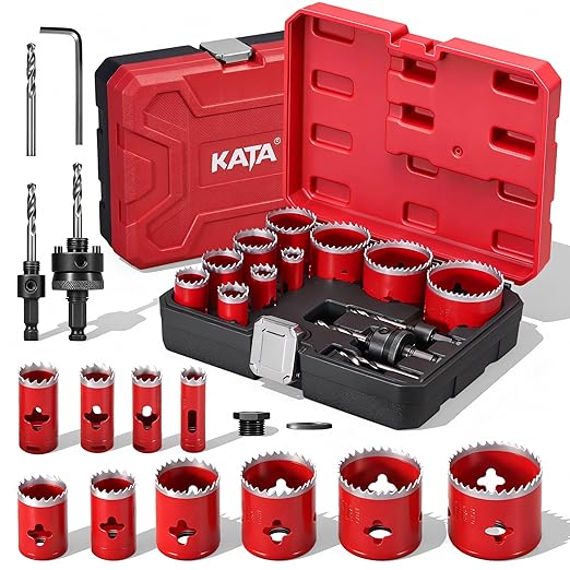 KATA Bi-Metal Hole Saw Kit for Metal & Wood - 16PCS Deep Cut 48mm Hole Saw Set 3/4" - 2-1/2"(19-64mm) with Arbors in Solid Case - Fast Chip Removal Holesaw Cutter for Electrician, Plumber, DIY