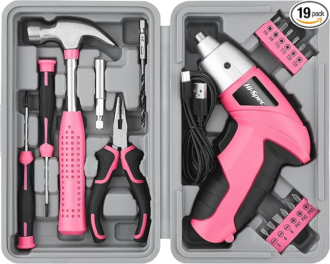 Hi-Spec Cordless Electric Screwdriver, Power Screw Driver Set with Pink Compact Tool Kit for Small Repair and Maintenance- Ideal Housewarming Gift,19 Piece