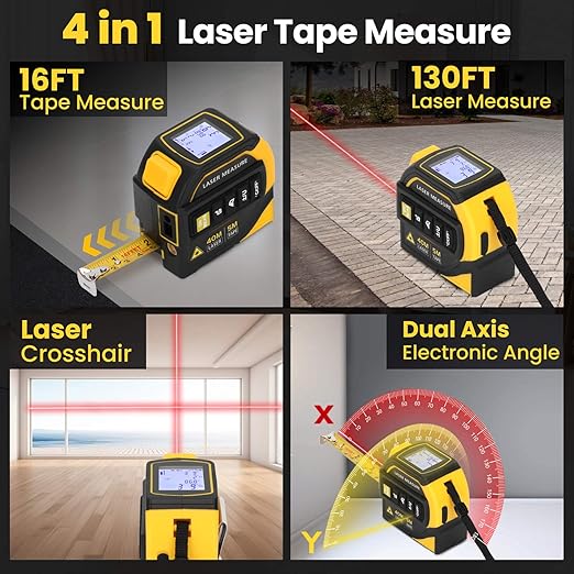 4-in-1 Laser Tape Measure with Level and Crosshairs, 16FT AutoLock Measuring Tape and 130FT Laser Measurement Tool with Large LCD Display, Area, Volume, Pythagorean, Cosine