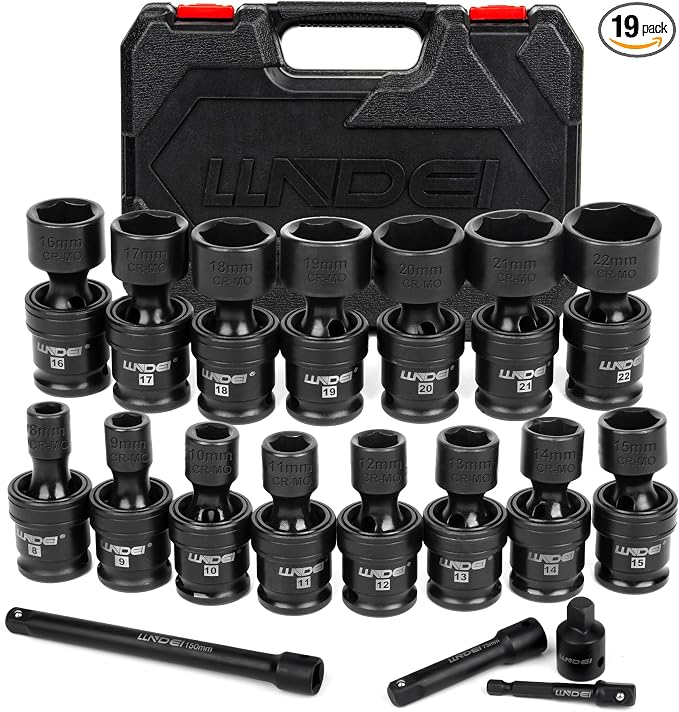 LLNDEI 3/8" Drive Universal Impact Socket Set, 19 Pieces CR-MO Swivel Socket Set, Metric(8-22mm) Wobble Sockets 6 Point with Extension Bars, Adapter and Black Organizer