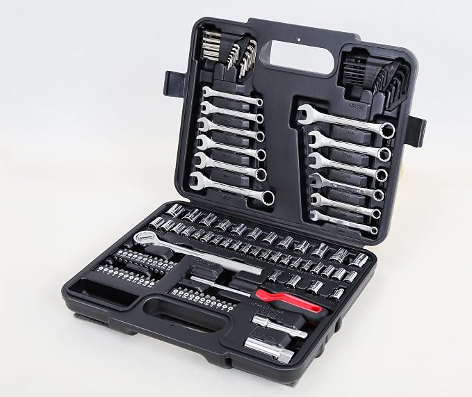 MECHMAX 121-Piece Mechanics Tool Set, 1/4 & 3/8-Inch Drive | Metric and standard SAE socket wrench kit. General automotive repair hand tool set for car mechanics and garage DIY