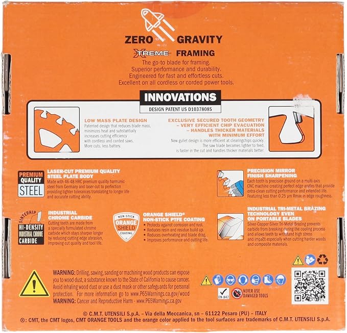 CMT Orange Tool 250.324.07-X10 FRAMING Zero Gravity 7-1/4”x5/8”, 10 Pack | Zero Gravity Framing Design | Framing | Construction | Wood Cutting Applications