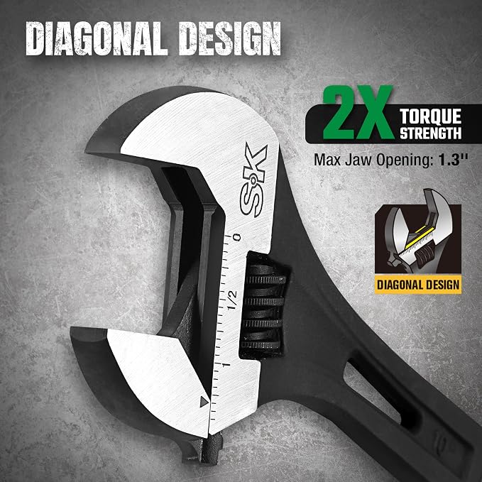 SK 10-Inch Adjustable Wrench, 2.6X ANSI Strength, Black Phosphate Finish | Heavy Duty High-Torque, 1.3'' Jaw Capacity, Premium Cr-V Steel, SAE & Metric Scale