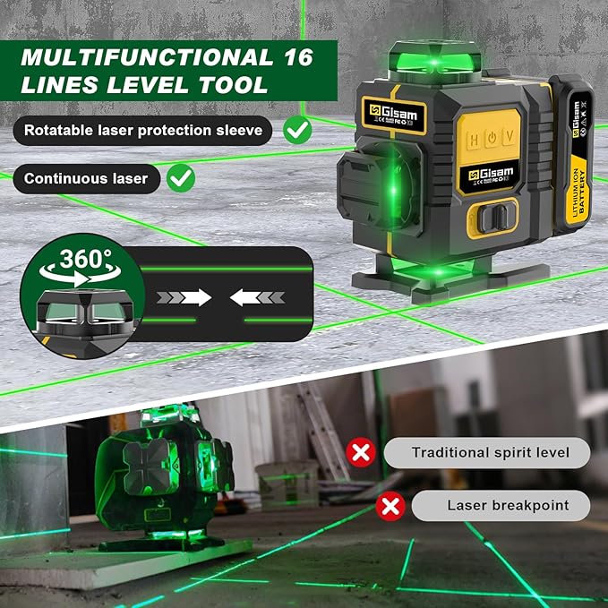 Gisam Laser Level with Tripod- 360° Rotating Window, Lazer Leveler Tool with Pulse Mode, 4D 16-Line Self Leveling Green Lazer Level with 2 * 4800mAh Batteries for Construction Tiling Home Renovation