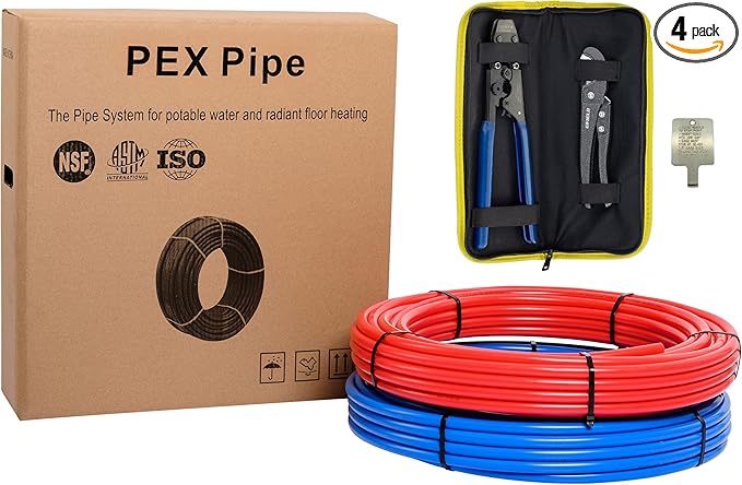 EFIELD Pex-b Pipe Tubing/Tool Combo Blue & Red 1/2 inch 2x 100 ft Rolls 200 Ft Length for with Pex Cinch Clamp Crimping Tool and Pipe Cutter In Heavy-Duty Canvas Bag,(E99KIT)