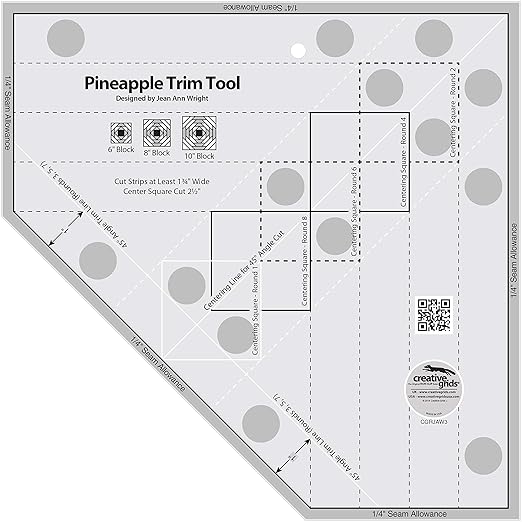 Creative Grids Pineapple Trim Tool Quilt Ruler – CGRJAW3 – Made in USA, 10-1/2in x 10-1/2in, Non-Slip Grip Acrylic Quilting, Sewing, Crafting, Patchwork Ruler & Template