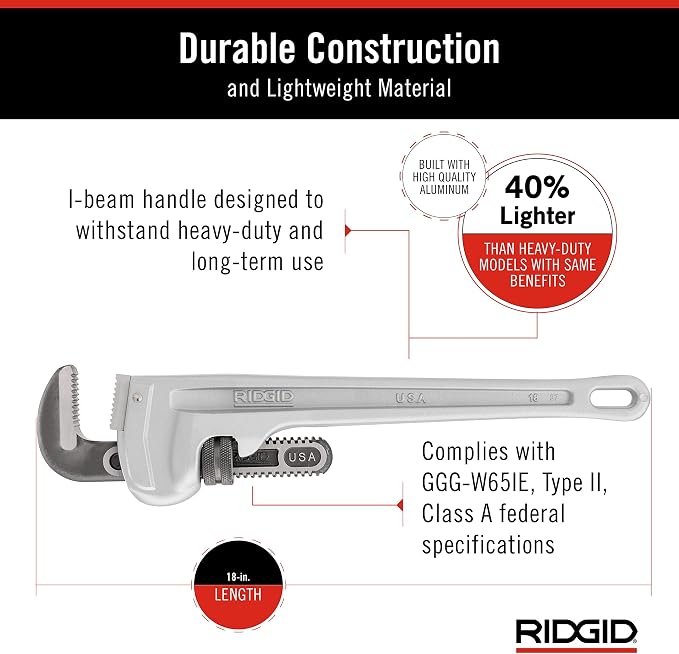 RIDGID 31100 Model 818 Aluminum Straight Pipe Wrench, 18-inch Plumbing Wrench