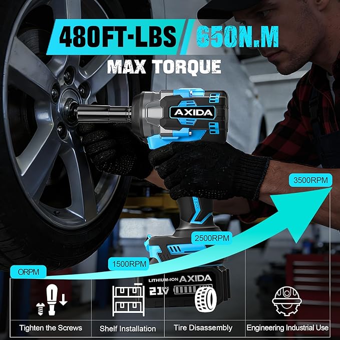 Cordless Impact Wrench, 1/2 Inch Brushless Impact Gun, 21V Impact Driver with 2x 4.0Ah Batteries, Charger & 5 Sockets, Variable Speeds for Car/Mower (650NM)