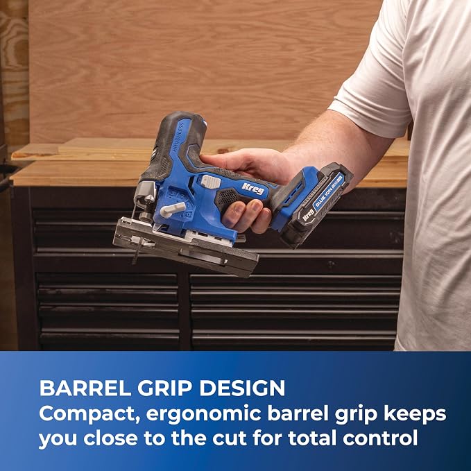 Kreg 20V Ionic Drive Barrel Grip Jigsaw - Cordless, Compact & Ergonomic - Precision Cutting - 20V Variable Speed - LED Lights & Built-In Blower - Bare Tool - KPTJS100A