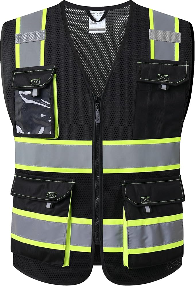 JKSafety Hi Vis Reflective Safety Vests for Men Women High Visibility Vest with Pockets Mesh Fabric Construction Safety Apparel Neon Vest for Work (220-Black XXL)