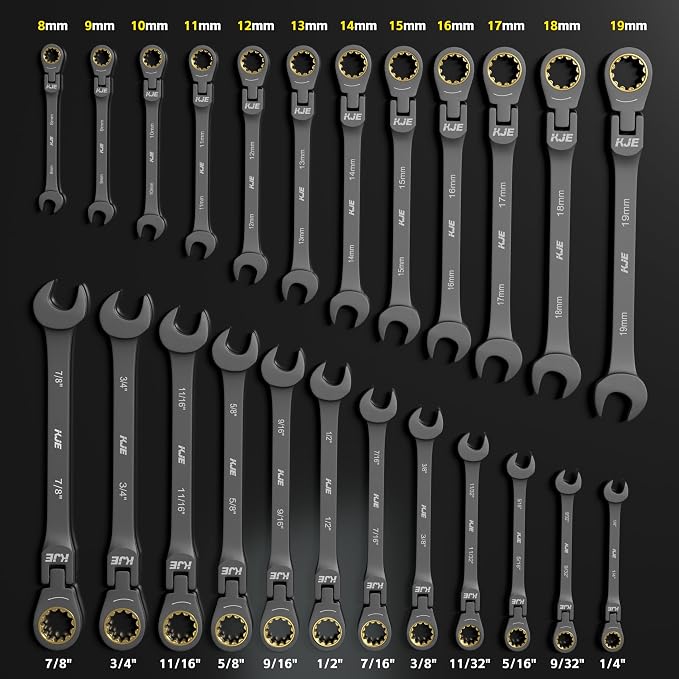 KJE 24PCS 90-Tooth 180° Flex-Head Ratcheting Wrench Set, Metric 8-19mm & SAE 1/4"-7/8", Combination Wrenches set, CR-V, Nickel Plating, with Organizer Bag, for Auto/Machine Repair