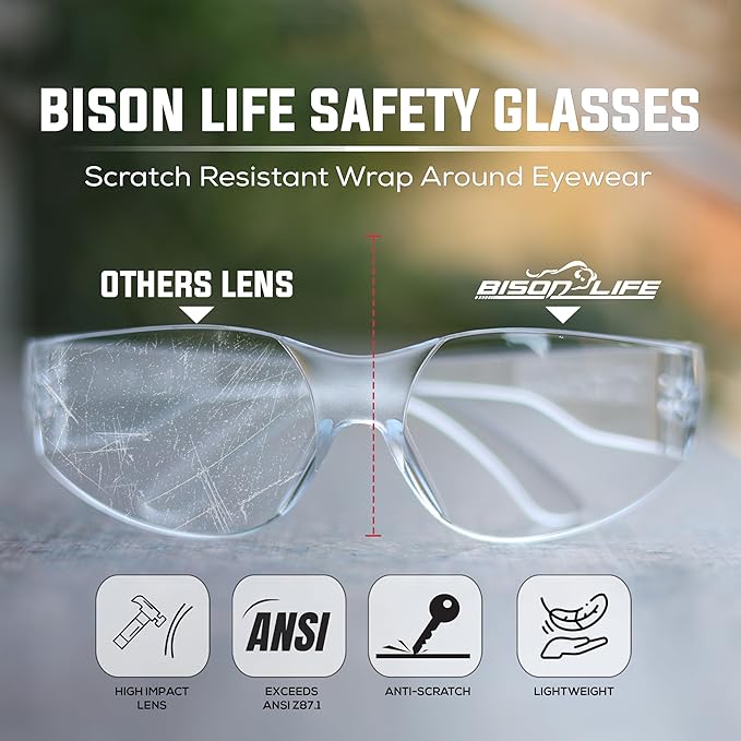 BISON LIFE Clear Safety Glasses – ANSI Z87.1 Scratch & Impact Resistant Wrap Around Eye Protection Goggles for Men & Women