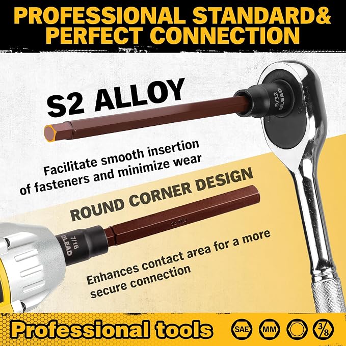 Extra-Long Allen Hex Bit Socket Set: 20-Piece 3/8 Inch Drive, 150mm S2 Steel, Standard SAE & Metric (1/8-Inch - 7/16-Inch, 3-12mm) for Impact Drills and Ratchet Wrenches
