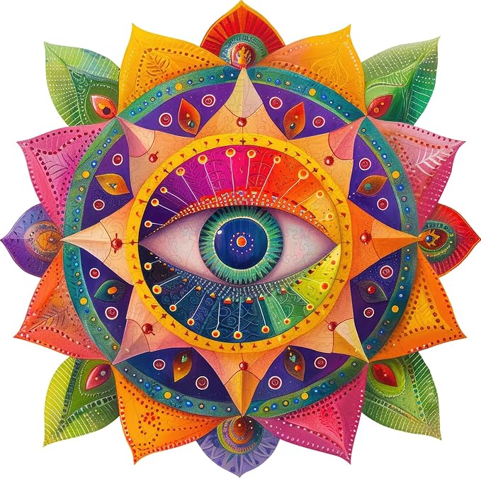 Mys Aurora Mandala Wooden Puzzles for Adults, 500 Piece Unique Shaped Wood Evil Eye Jigsaw Puzzles for Adults and Kids, Fun Challenging Puzzles Family Game Gift, 16.5'' x 16.4''
