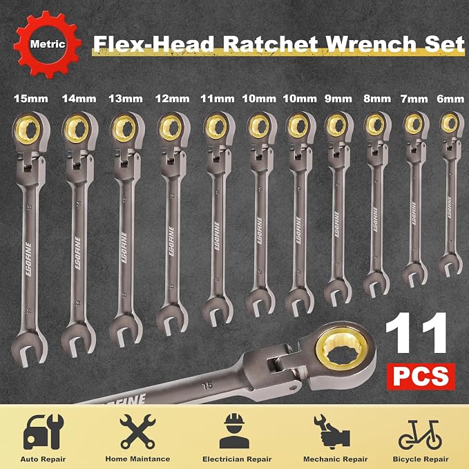 Egofine Flex Head Ratcheting Wrench Set 11 Piece, Metric Wrench Set, CR-V Steel 6-15mm Wrench, 72-Teeth Combination wrench set, Nickel Plating Ratchet Wrenches Set with Tool Roll Bag