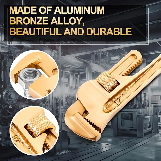 Hicarer 12'' Non-Sparking Pipe Wrench | Opening Max 60mm, Aluminum Bronze Spark-free Adjustable Pipe Spanner Straight Plumbing Wrench, Corrosion Resistant