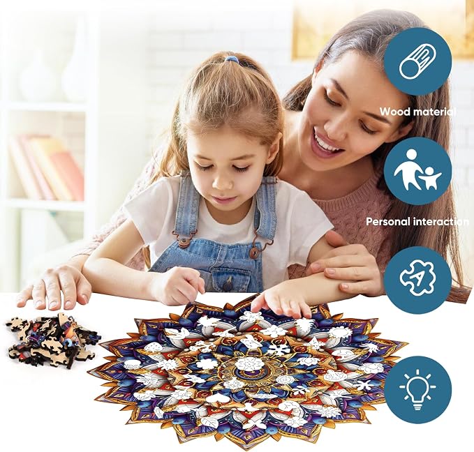 Delobil Puzzles for Adults 500 Pieces, 5MM Thick Mandala Flower Wooden Puzzles, Geometric Art Gold Round Jigsaw Puzzles for Adults and Kids, Family Game Gift Puzzle, 16.9 x 16.8 Inches