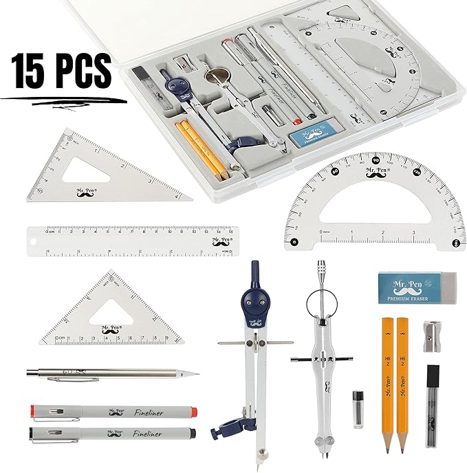Mr. Pen- Professional Geometry Set, 15 pcs, Drafting Tools with Protractor, Compass, Metal Ruler, Triangles, Pens & Pencils, Complete Geometry & Drafting Kit for Architects, Engineers & Students