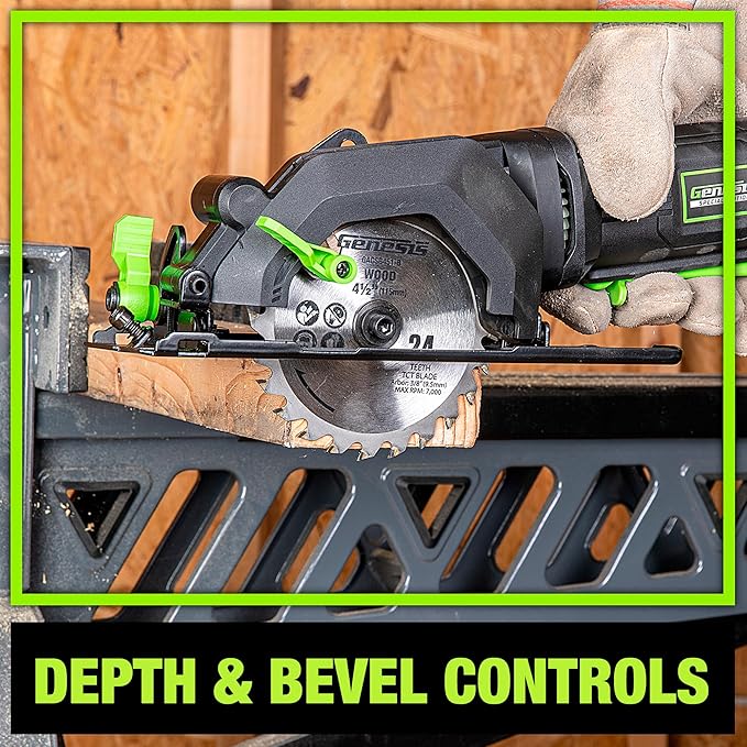 Genesis Mini Circular Saw 4.0 Amp 4-1/2" with 24T Carbide-Tipped Blade, Rip Guide, Vacuum Adapter, and Blade Wrench (GCS445SE)
