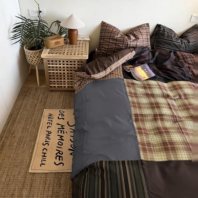 Sedefen Brown Gingham Duvet Cover 3 Pcs Queen Size Dark Brown Plaid Bedding Set Kids Boys Girls Coffee Vintage Checked Soft Microfiber Breathable Duvet Cover Set with 2 Pillowcases