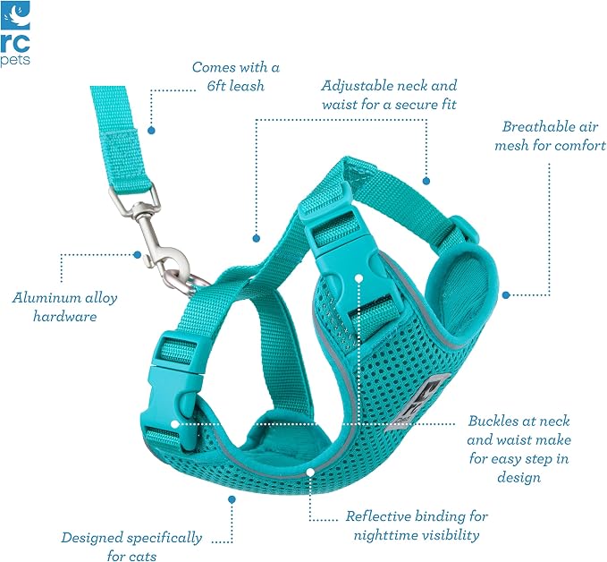RC Pets Adventure Kitty Cat Harness | Adjustable Airmesh Vest with D-Ring and 6ft Leash for Walking and Travel | Teal, Small
