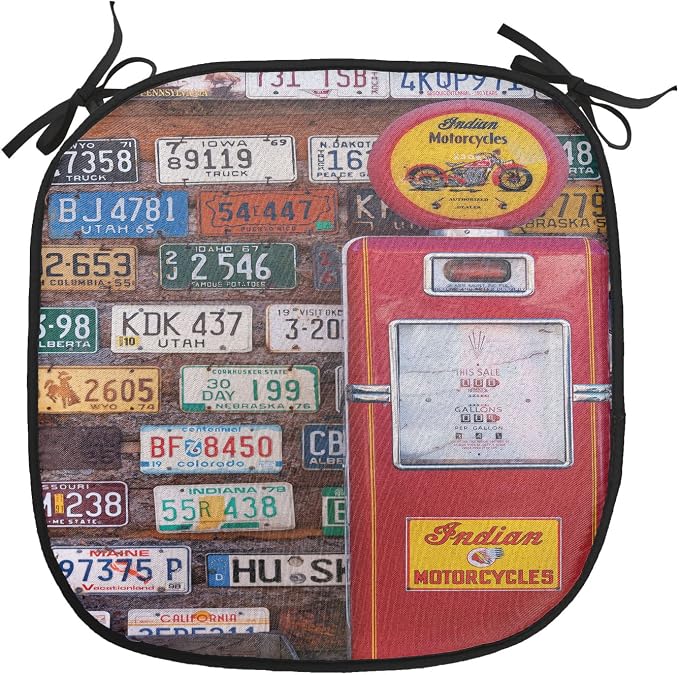 Lunarable Americana Chair Cushion Pads Set of 8, Various Old American License Plates Behind Antique Gas Pump in Rural Utah, Anti-Slip Seat Padding for Kitchen & Patio, 16"x16", Red Multicolor