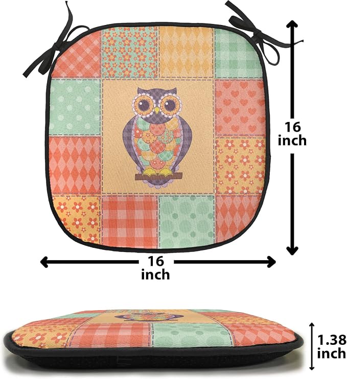 Lunarable Owls Chair Cushion Pads Set of 2, Owl on Spotted Striped Patchwork Background Vintage Crafting Design Art, Anti-Slip Seat Padding for Kitchen & Patio, 16"x16", Orange Mint Green Mauve