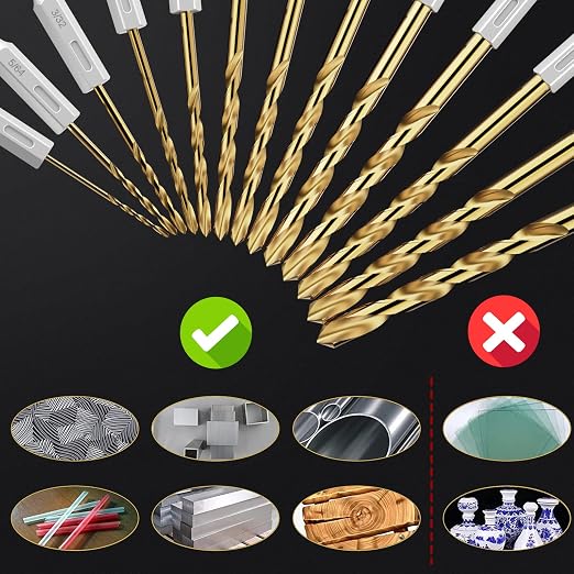 Hex Shank Drill Bit Set, 13Pcs HSS Titanium Twist Drill Bit for Sheet Metal, Wood, Plastic, Quick Change Design (1/16" - 1/4")