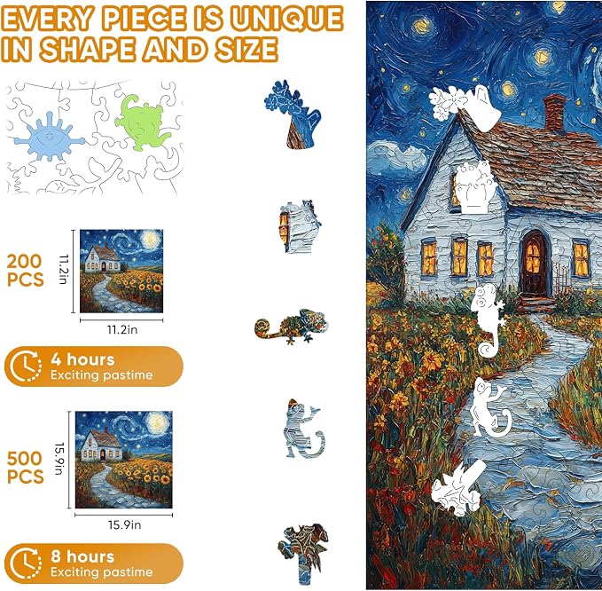 Pikoqunc Sunflower Village Wooden Puzzles for Adults,200 Pieces 11.2x11.2 in,Charming Countryside Jigsaw Puzzle with Unique Laser-Cut Pieces and Exquisite Box, for Family Fun and Festival