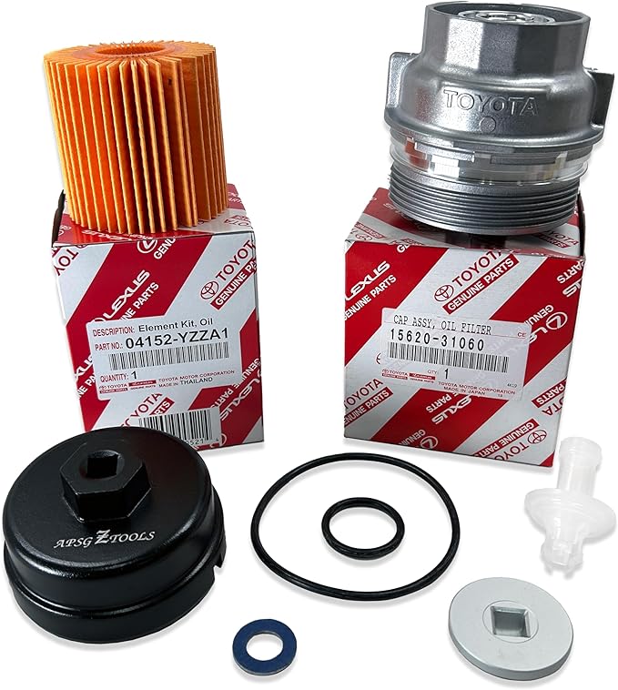Genuine 04152-YZZA1 oil filter with Genuine 15620-31060 Oil Filter Housing Cap and 15643-31050 Cap Plug includes APSG Wrench and crush washer.