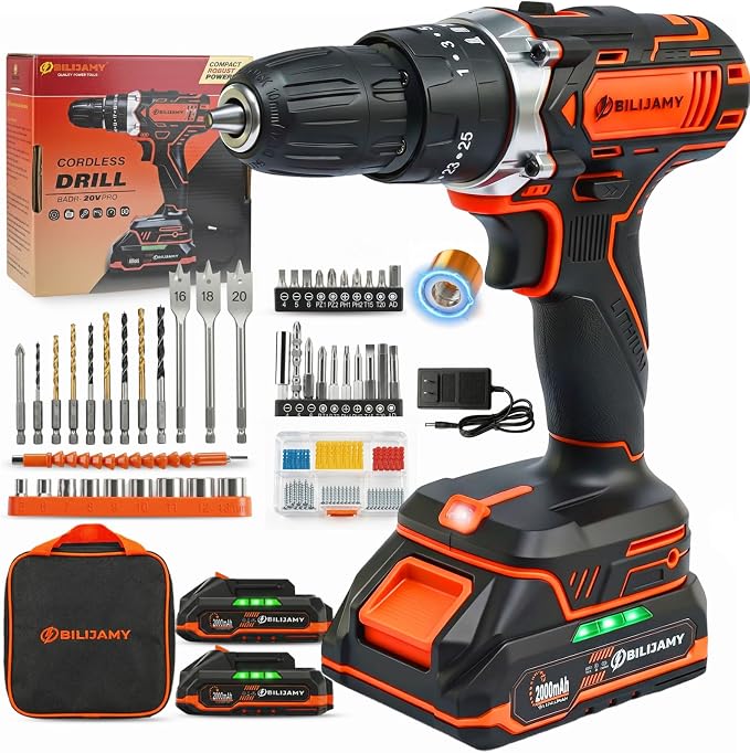Cordless Drill Set, 20V Power Drill Drivers -2 * 2.0Ah Batteries | Fast Charger, 25+3 Torque, 2 Speed, 3/8"Keyless Chuck, LED Light, 45pcs Drill Bits for DIY, Home Repair, Furniture Assembly