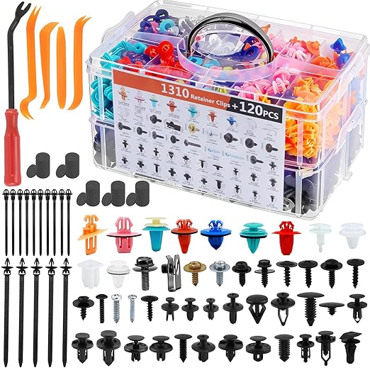 1430Pcs Car Interior & Exterior Retainer Clips - 47 Sizes Assorted Colorful Push Pins & Metal Screws. 3-Tier Box Auto Fastener Kit with Orange Pry Tools for Bumper Door (1430Pcs)