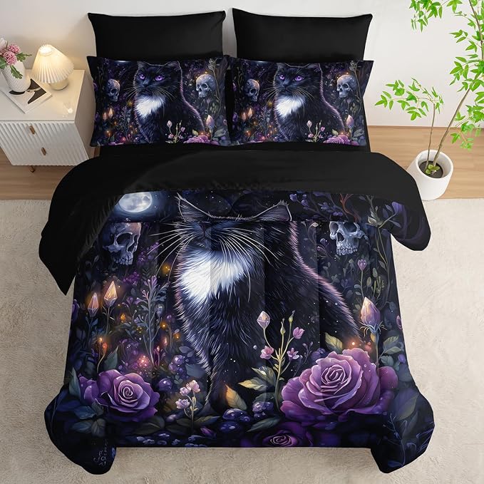 Cute Cat Comforter Set for Kids Toddlers Teens Adults,Floral Plant Skull Printed Twin Size Bedding Set 7 Pieces,Animal Themed Bedding with Comforter,Fitted Sheet,Flat Sheet,Pillowcases.