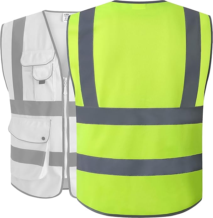 JKSafety 9 Pockets Class 2 High Visibility Zipper Front Safety Vest With Reflective Strips,Meets ANSI/ISEA Standard (X-Large, Yellow)