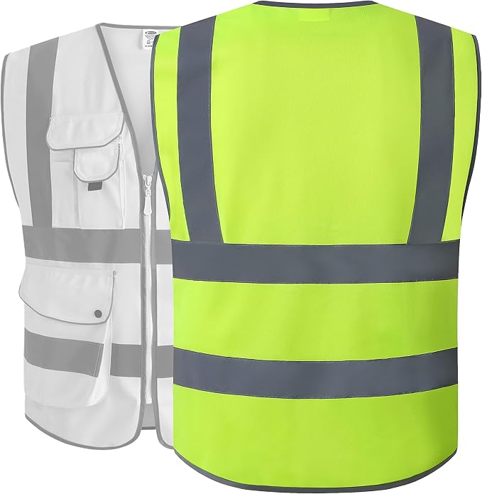 JKSafety 9 Pockets Class 2 High Visibility Zipper Front Safety Vest With Reflective Strips,Meets ANSI/ISEA Standard (X-Large, Yellow)