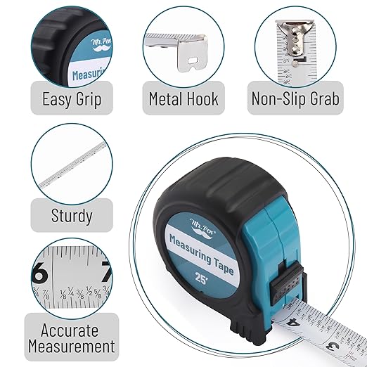 Mr. Pen- Retractable Tape Measure 25 ft, Teal & Black, Easy Read, Steel Retractable Measuring Tape with Fractions, Ideal for Construction & DIY Projects