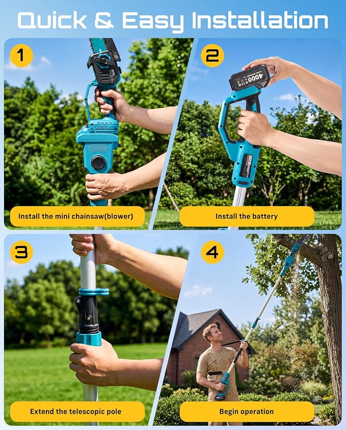 SEESII 4-in-1 Cordless 8 Inch Pole Chainsaw & Leaf Blower Battery Powered | 2 x 4000mAh Batteries, Adjustable 180° 560CFM Hand Blower, Electric Saw with 10FT Extension Pole for Tree Trimming, Lawn Care