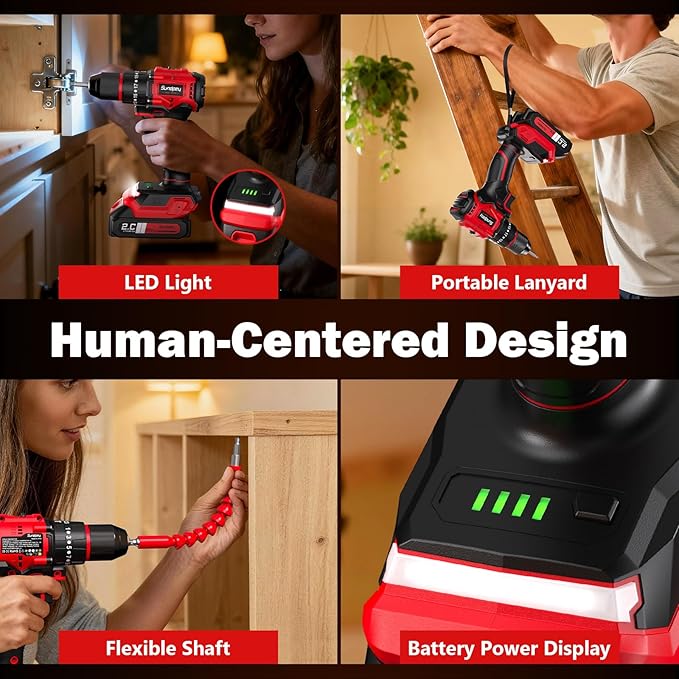 Sundpey Cordless Power Drill Set - 620in-lbs 23+3 Brushless Electric Drill w/ 2 × 2.0Ah Battery & LED Light & 3/8" Metal Chuck & Fast Charger - Electric Screwdriver for Home DIY Woodworking Men Women