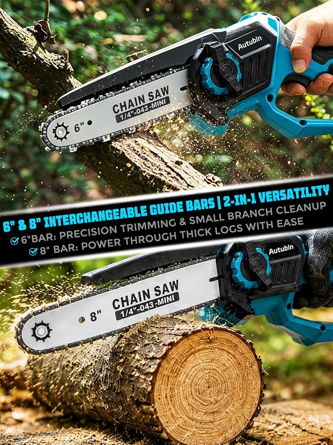 8 & 6 Inch Electric Pole Saw for Tree Trimming, 2-in-1 Mini Chainsaw & Pole Saw, 2x4000mAh Batteries, 16 ft Reach, Auto Oiling, Tool-Free Tensioning, Tree Trimmer for Branch Limb Cutting
