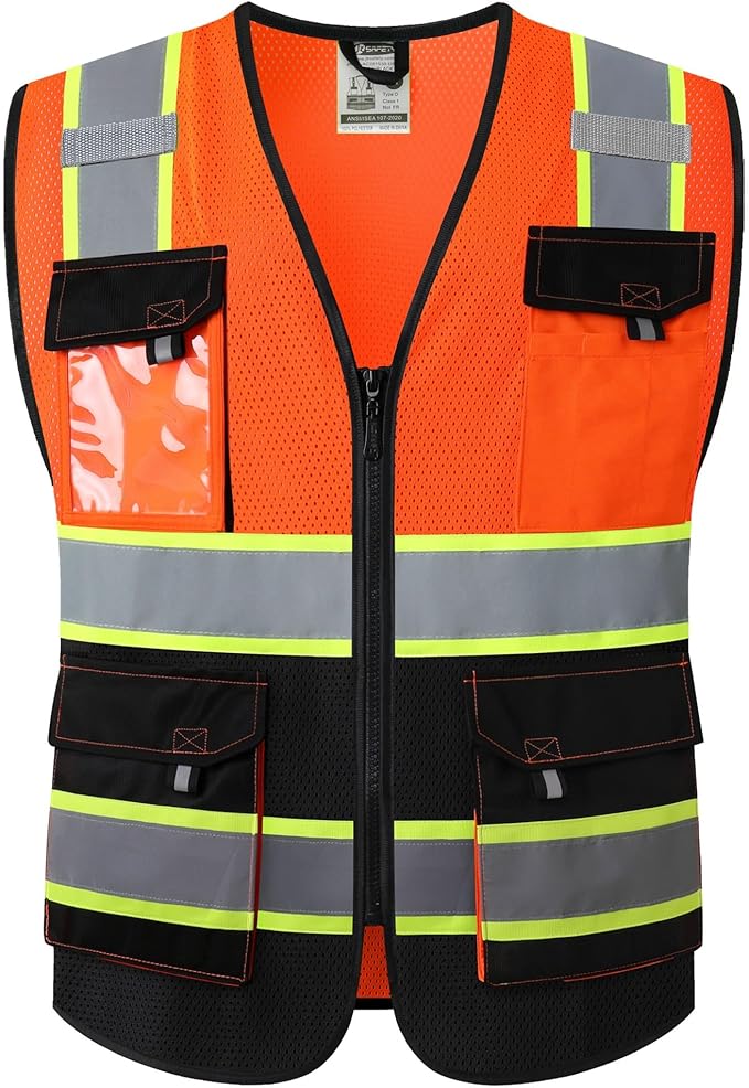 JKSafety Hi Vis Reflective Safety Vests for Men Women High Visibility Vest with Pockets Mesh Fabric Construction Safety Apparel Neon Vest for Work (220-OBlack S)