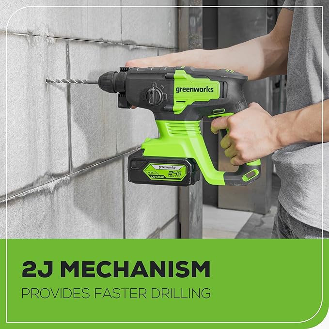 Greenworks 24V Cordless Rotary Hammer, 2.1 Joules, Brushless Motor, 1" SDS Plus Rotary Hammer Drill, 4 Modes, LED Light, 4Ah Battery & Charger Included, Ideal for Concrete, Masonry & Demolition
