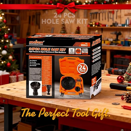 HORUSDY Hole Saw Set 24PCS Hole Saw Kit,Hole Saw Drill Bit Kit, 3/4"-6" (19-152mm) 17PCS Saw Blades, 2 Mandrels, 3 Drill Bit, Installation Plate, Hex Key, For Drywall, Soft Wood, Plywood, Plastic, PVC